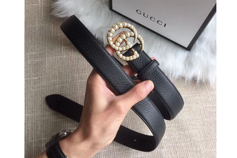 Gucci ‎414516 30mm Leather belt with Pearl Double G buckle Black Leather