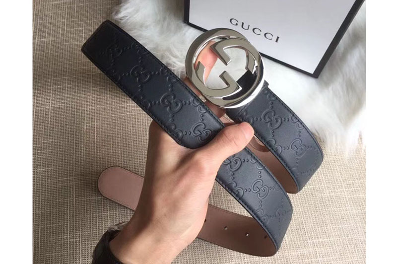 Gucci 411924 38mm Signature leather belt Blue Leather Silver Interlocking G buckle