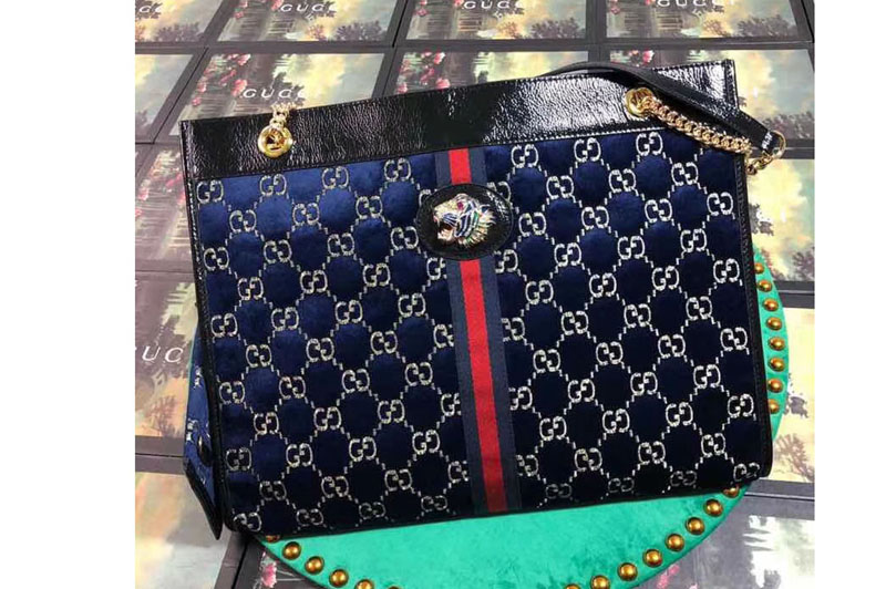 Gucci 537219 Rajah Large Tote Bags Blue Velvet