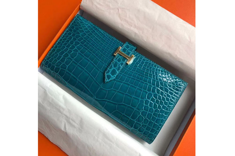 Hermes Bearn Wallet Real Crocodile Leather Handstitched Blue