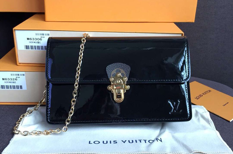 Louis Vuitton M63305 Cherrywood Chain Wallet Bags Black Patent calf leather with Monogram canvas