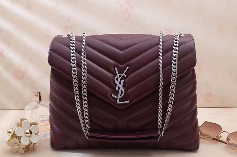 YSL Saint Laurent Medium Loulou Chain Bags Bordeaux Leather Silver Hardware