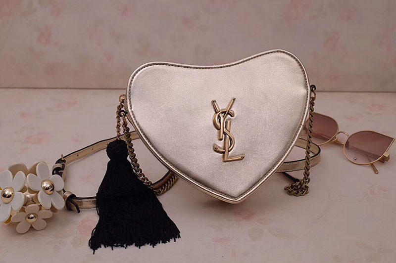 YSL 540694 Monogram Heart Cross Body Bags In Gold Metallic Leather