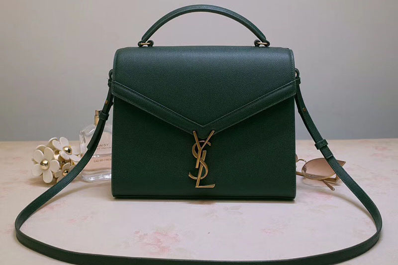 YSL 578000 Cassandra Top Handle Medium Bags In Green Grain De Poudre Embossed Leather