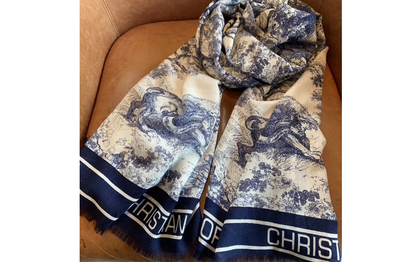 Dior Toile de Jouy stole Scraf in Blue wool and silk and cashmere