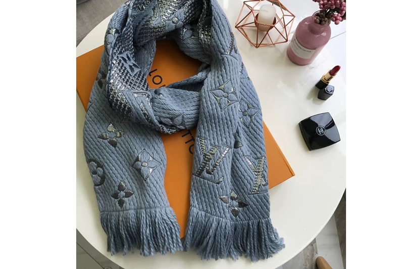 Louis Vuitton M71839 LV Logomania Shine scarf Blue Wool and silk