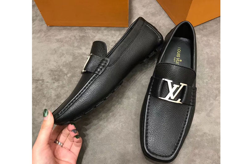 Louis Vuitton LV Monte Carlo Moccasin Shoes Black Calf Leather Silver Buckle