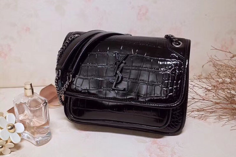 YSL Saint Laurent Niki Small Bag in Black Embossed Crocodile 548943
