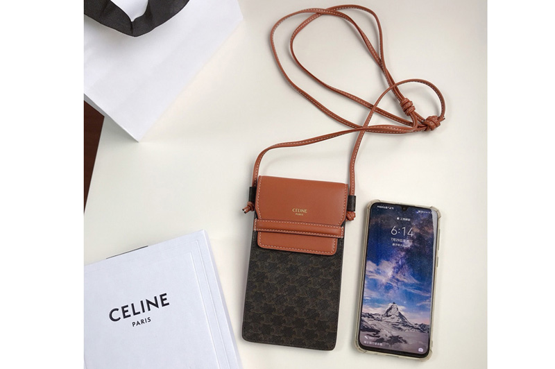 Celine 10G332 Phone Pouch in Triomphe Canvas and Tan Lambskin