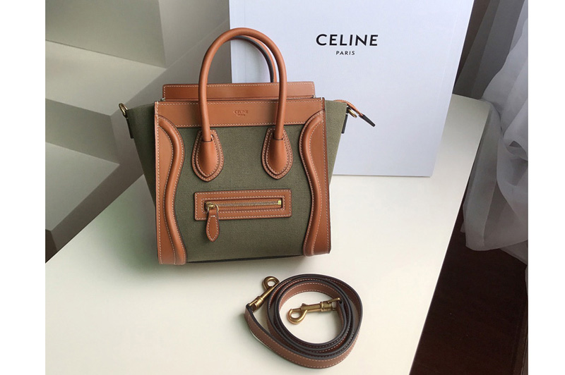Celine 189242 NANO LUGGAGE BAG IN TEXTILE AND NATURAL CALFSKIN