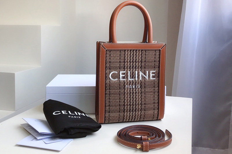 Celine 194372 Mini vertical cabas Bag in Brown/Tan Triomphe Textile and Calfskin