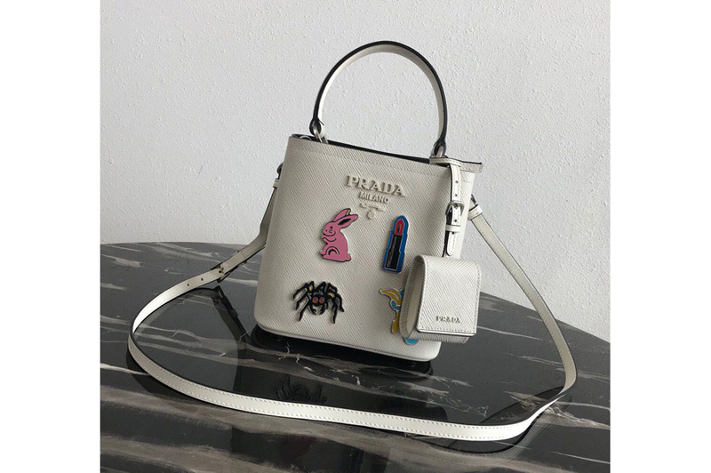 Prada 1BA217 Small Prada Panier bag with appliqués in White Saffiano leather