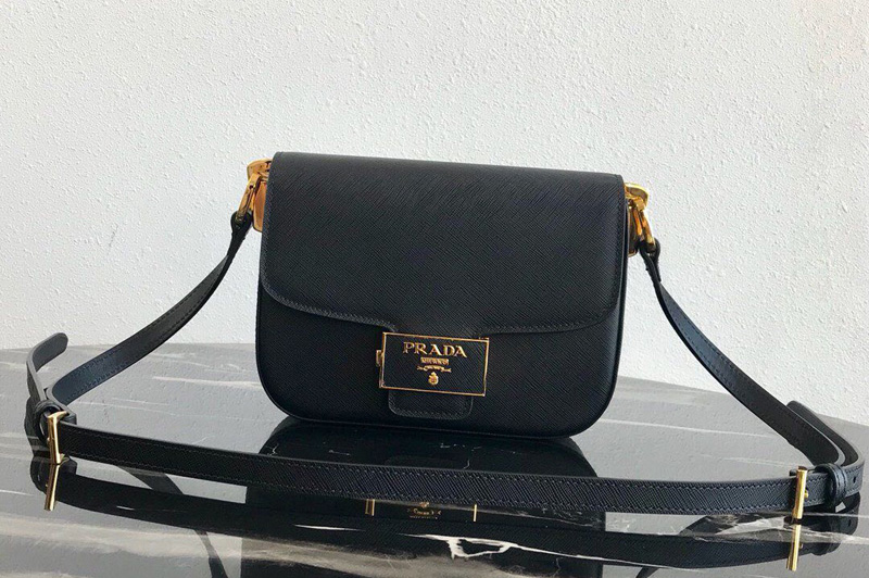 Prada 1BD217 Embleme Saffiano leather bag in Black Saffiano leather