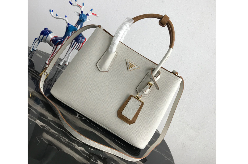 Prada 1BG775 Double Medium Bag in White/Brown Saffiano leather
