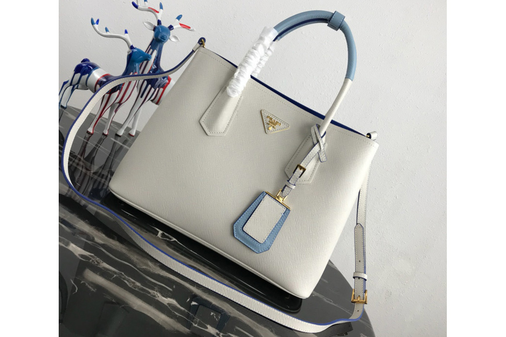 Prada 1BG775 Double Medium Bag in White/Blue Saffiano leather
