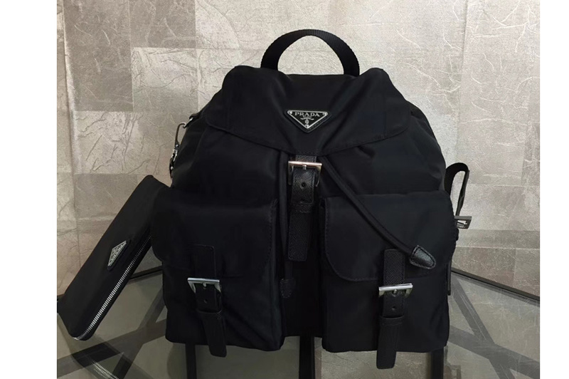 Prada 1BZ811 Fabric Backpack Black Fabric with Saffiano leather trim