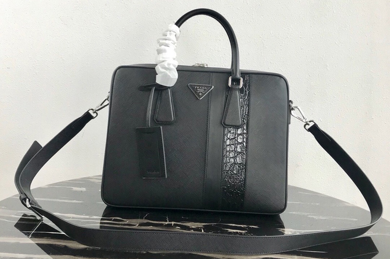 Prada 1VE011 Saffiano Leather Briefcase Bag in Black Saffiano leather