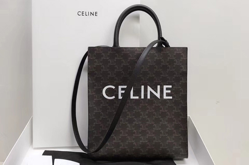 Celine 191542 SMALL CABAS VERTICAL IN TRIOMPHE CANVAS With Black Leather