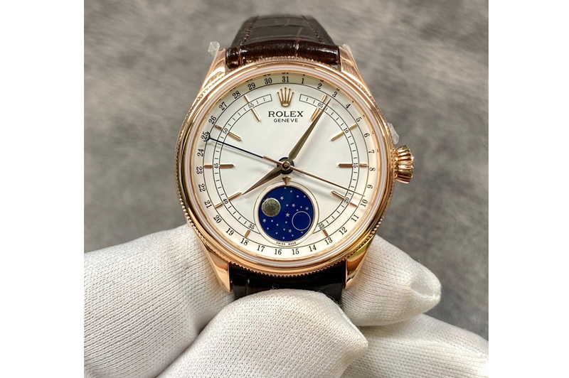 Rolex Cellini 50535 Moonphase RG KZF Best Edition White dial on leather strap A3195 (free a tool)