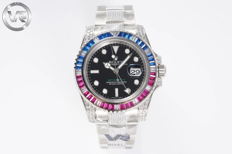 Rolex GMT Master II 126710 Red/Blue T Crystal VRF Best Edition Black Dial On SS/Paved Crystal Bracelet 3186 CHS