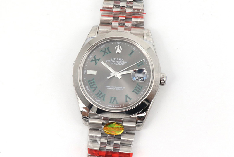 Rolex DateJust 41 126334 SS TW 1:1 Best Edition Gray Dial Green Roman Markers on Oyster Bracelet A3235 Clone
