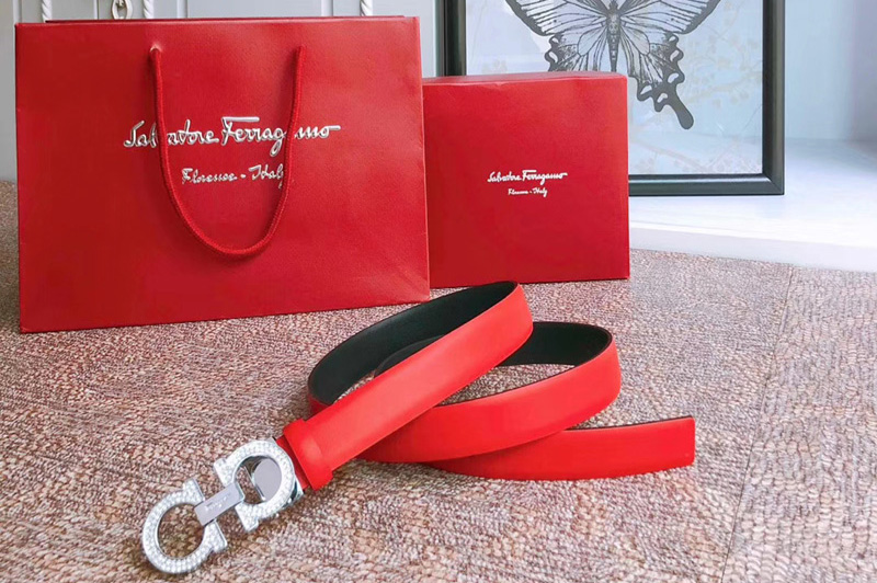 Salvatore Ferragamo 23B328 25mm Diamond Gancini Belts in Red calfskin leather