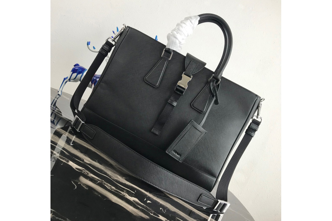 Prada 2VG045 Saffiano Leather Briefcase Bag in Black Saffiano leather