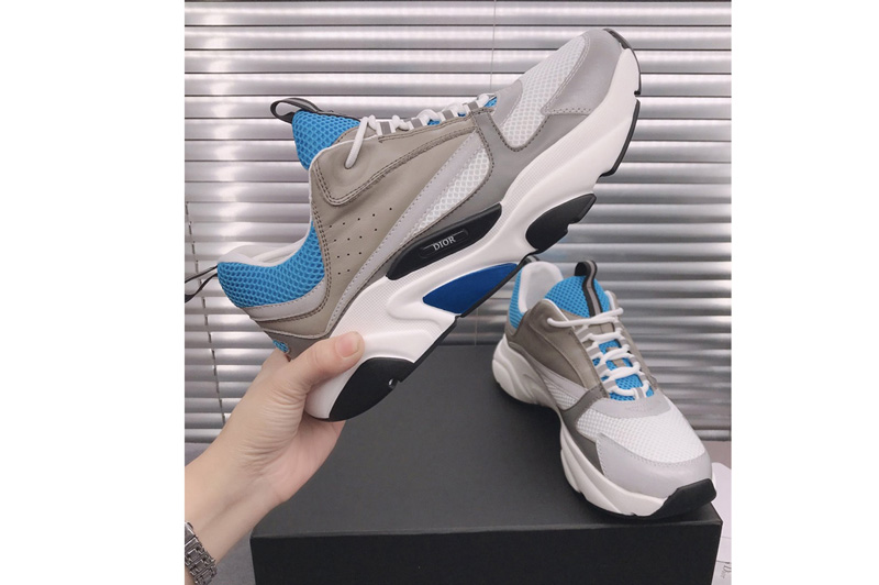 Dior 3SN231 B22 Sneaker in Gray Calfskin with Blue Technical Mesh