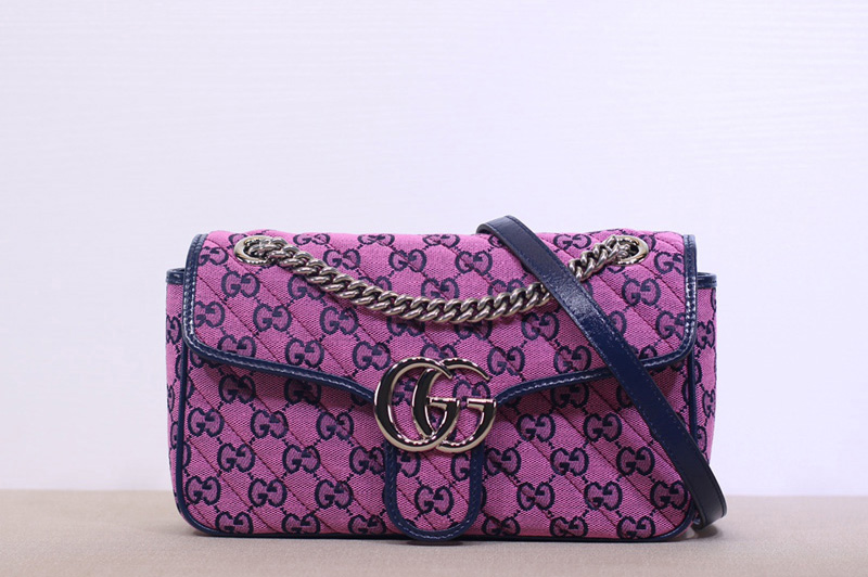 Gucci 443497 GG Marmont multicolor small shoulder bag in Pink and blue diagonal matelassé GG canvas