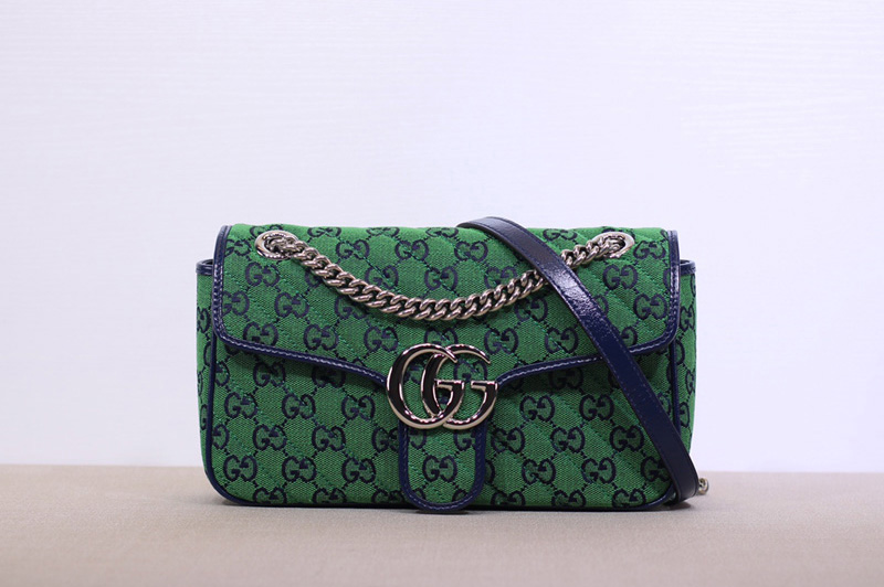 Gucci 443497 GG Marmont multicolor small shoulder bag in Green and blue diagonal matelassé GG canvas