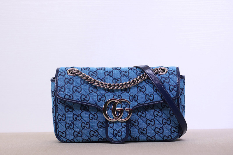 Gucci 443497 GG Marmont multicolor small shoulder bag in Blue and blue diagonal matelassé GG canvas