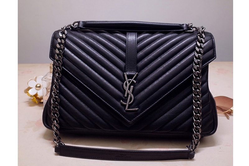 Saint Laurent 487212 YSL COLLEGE LARGE IN Black MATELASSÉ LEATHER With Silver Hardware