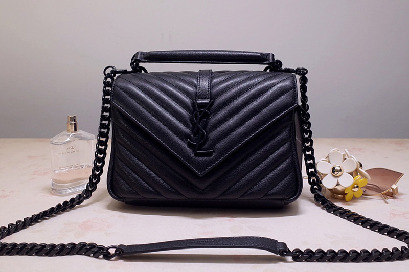 Saint Laurent 487213 YSL COLLEGE Medium Bag IN Black MATELASSÉ LEATHER With Black Hardware