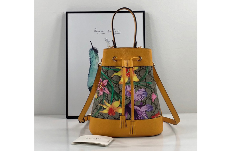 Gucci ‎550621 Online Exclusive Ophidia GG Flora small bucket bag Yellow/GG Supreme canvas with Flora print