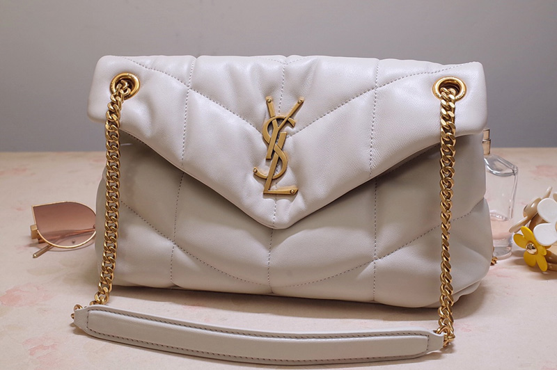 Saint Laurent 577476 YSL LOULOU PUFFER SMALL BAG IN White QUILTED LAMBSKIN With Gold Hardware