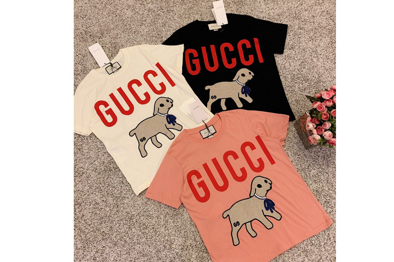 Women Gucci ‎580762 T-shirt with Gucci lamb Off-White/Pink/Black Cotton