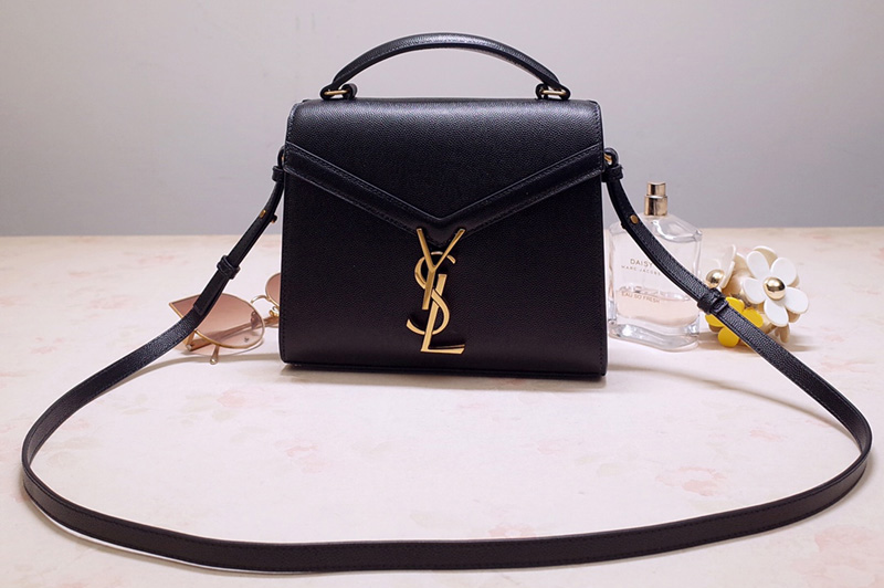 Saint Laurent 602716 YSL Cassandra Mini Top handle bag In Black Grain de Poudre Embossed Leather