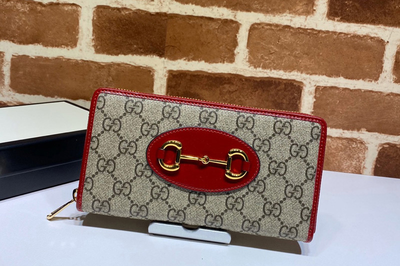 Gucci 621889 Gucci 1955 Horsebit zip around wallet in Beige/ebony GG Supreme canvas With Red Leather