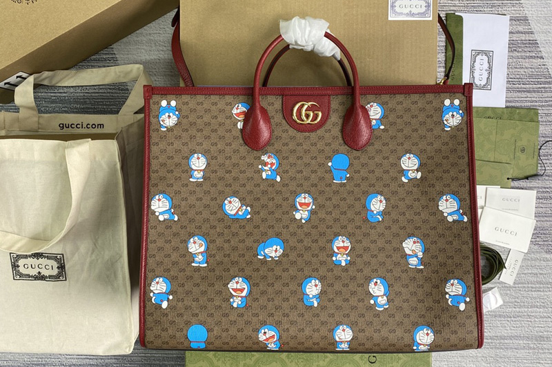 Gucci ‎653952 Doraemon x Gucci large tote bag in Beige/ebony mini GG Supreme and Doraemon Print
