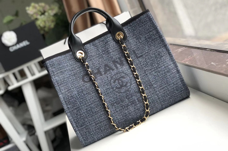 CC A66941 Shopping Bag Blue Mixed Fibers With Gray Print and Calfskin