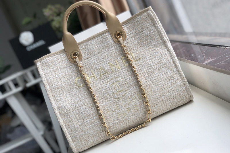CC A66941 Shopping Bag Beige Mixed Fibers With Gold Print and Calfskin
