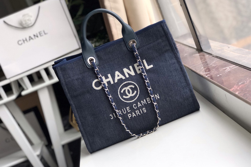 CC A66941 Shopping Bag Blue Mixed Fibers With White Print and Calfskin