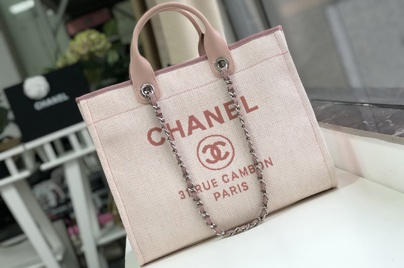 CC A66941 Shopping Bag Beige Mixed Fibers With Pink Print and Calfskin