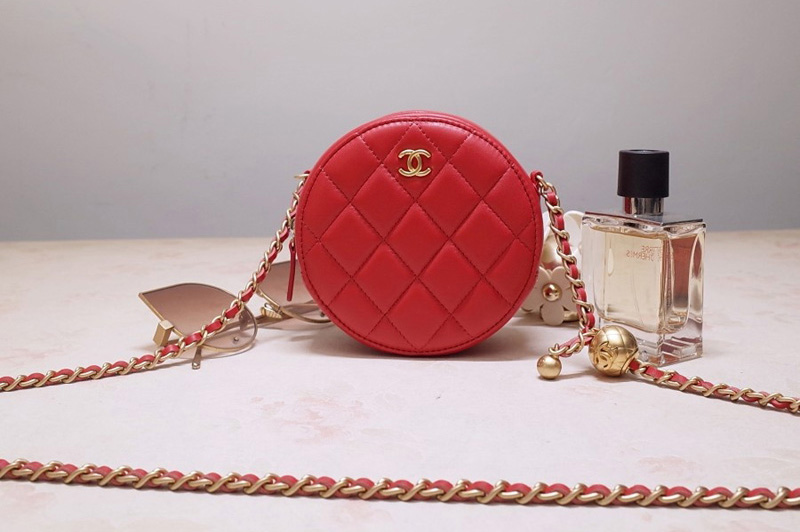 CC AS1898 Small Round Bag in Red Shiny Lambskin