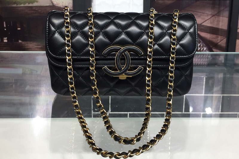 CC 2.15 Flap Bags with Gold Chain in Black/Black Calfskin Leather