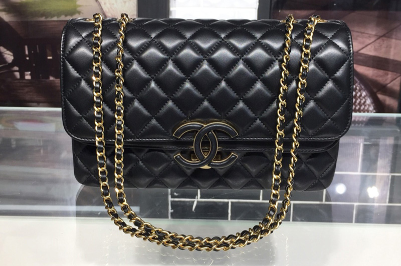 CC 2.55 Flap Bags with Gold Chain in Black Calfskin Leather
