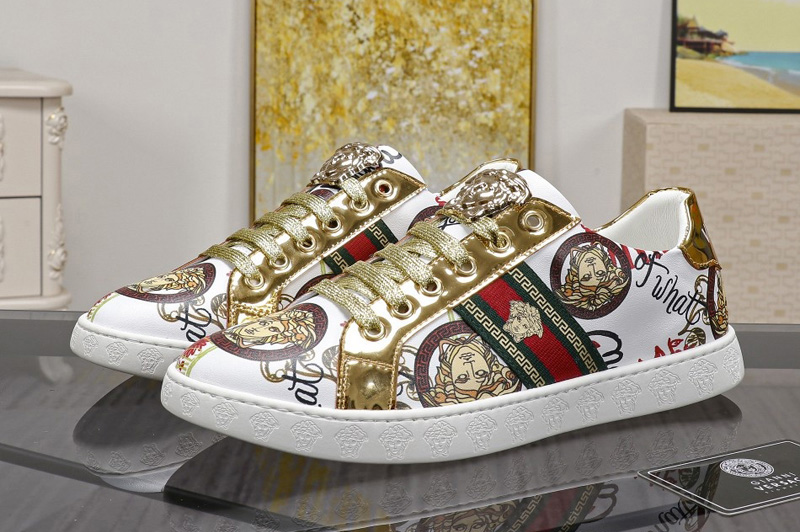 Men's Versace Sneaker and Shoes White/Gold Leather With Print