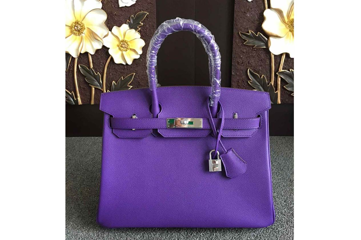 Hermes Birkin 30 Tote Bags Full Handstitched in Purple Epsom Leather With Silver Buckle