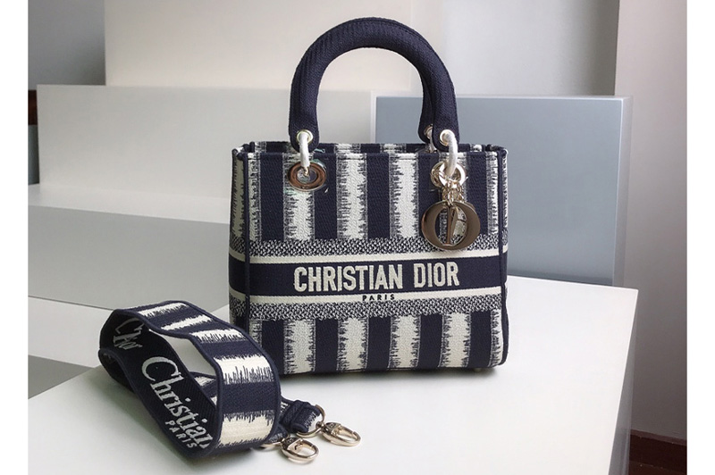 Christian Dior M0565 Dior Medium Lady d-lite bag in Blue D-Stripes Embroidery