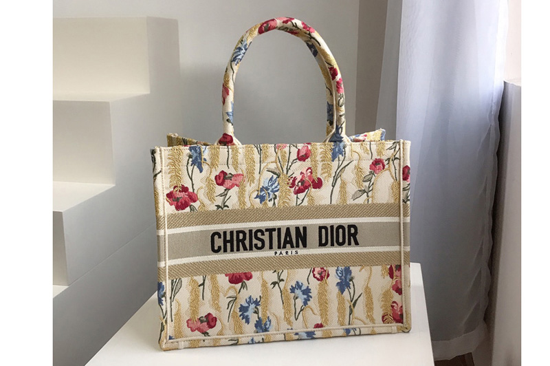 Christian Dior M1296 Small Dior book tote Bag in Beige Multicolor Dior Hibiscus Metallic Thread Embroidery